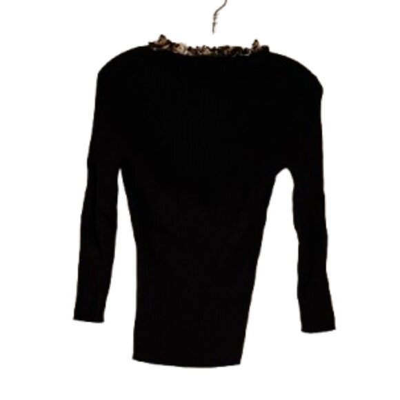 August Silk Black Stretchy 3/4 Sleeve Sweater w/Ruffle Neck - Medium - Picture 3 of 4